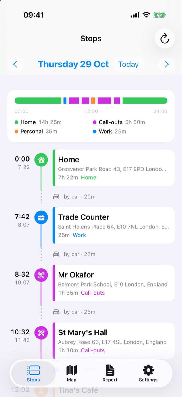 Dan's Thursday: home, trade counter, then one call-out after another, each with its arrival and departure time