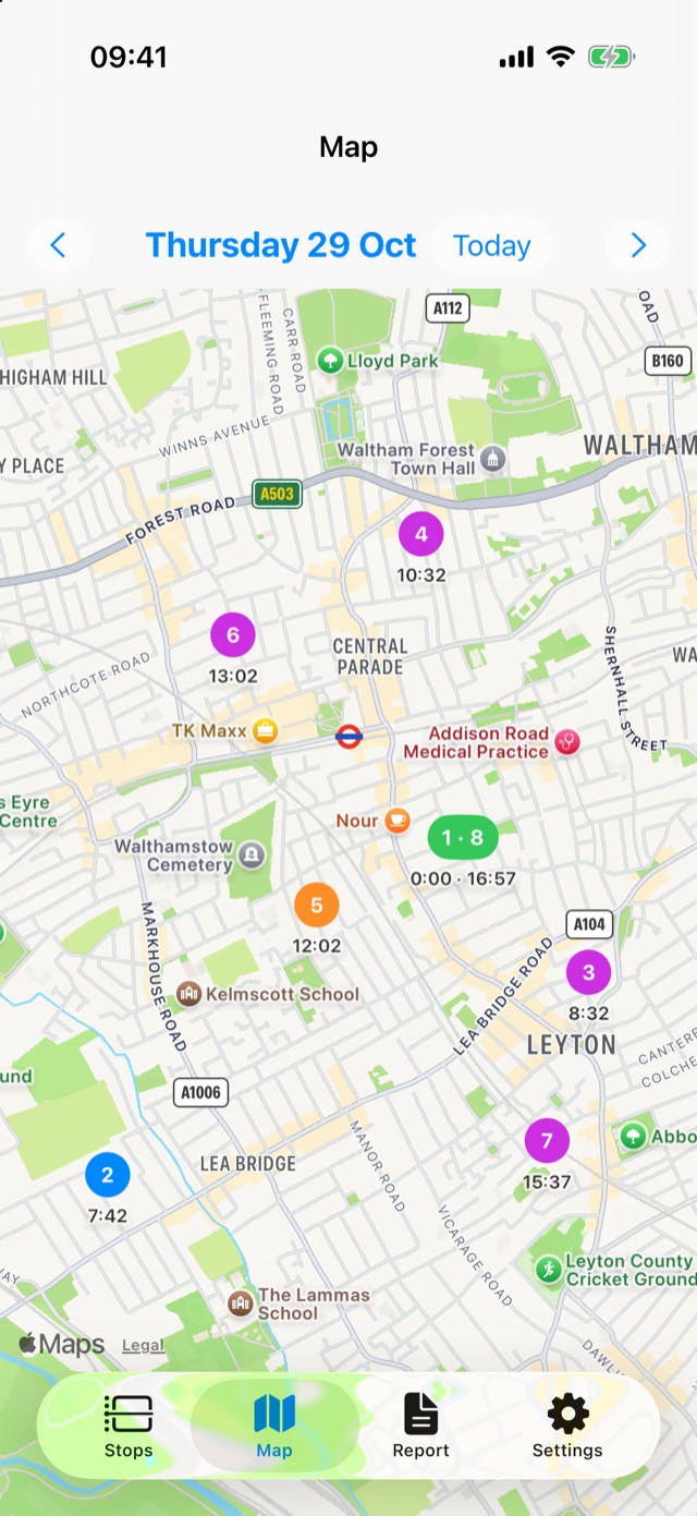 The same day on the map, stops numbered in order