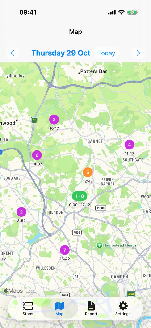 The same day on the map, from Hendon to Barnet and Southgate