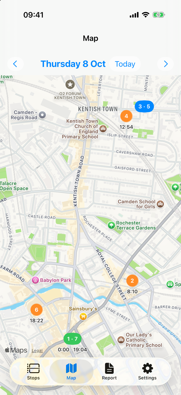 Map of the day with numbered stops — StopDiary