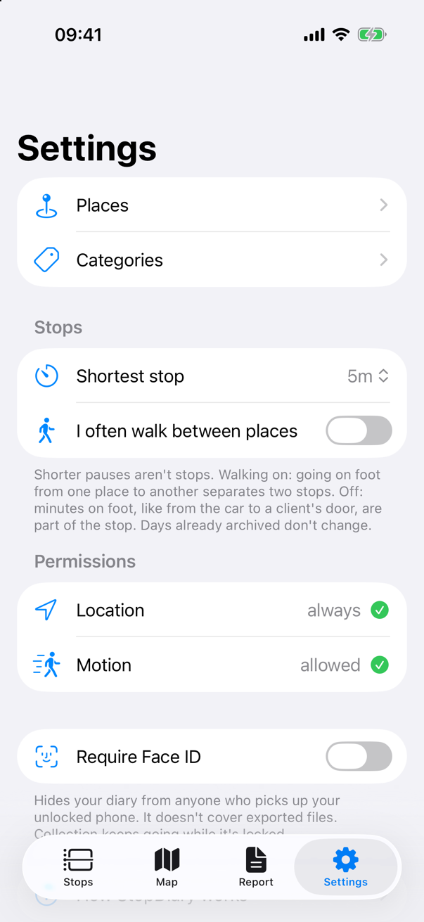 Settings with places and categories — StopDiary